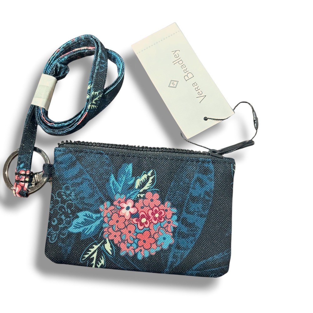 Vera Bradley Zip ID Case with Matching Lanyard Navy Blue Floral New with Tags
